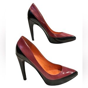 Via Spiga Burgundy and Black Patent Leather Pointed-Toe Pumps